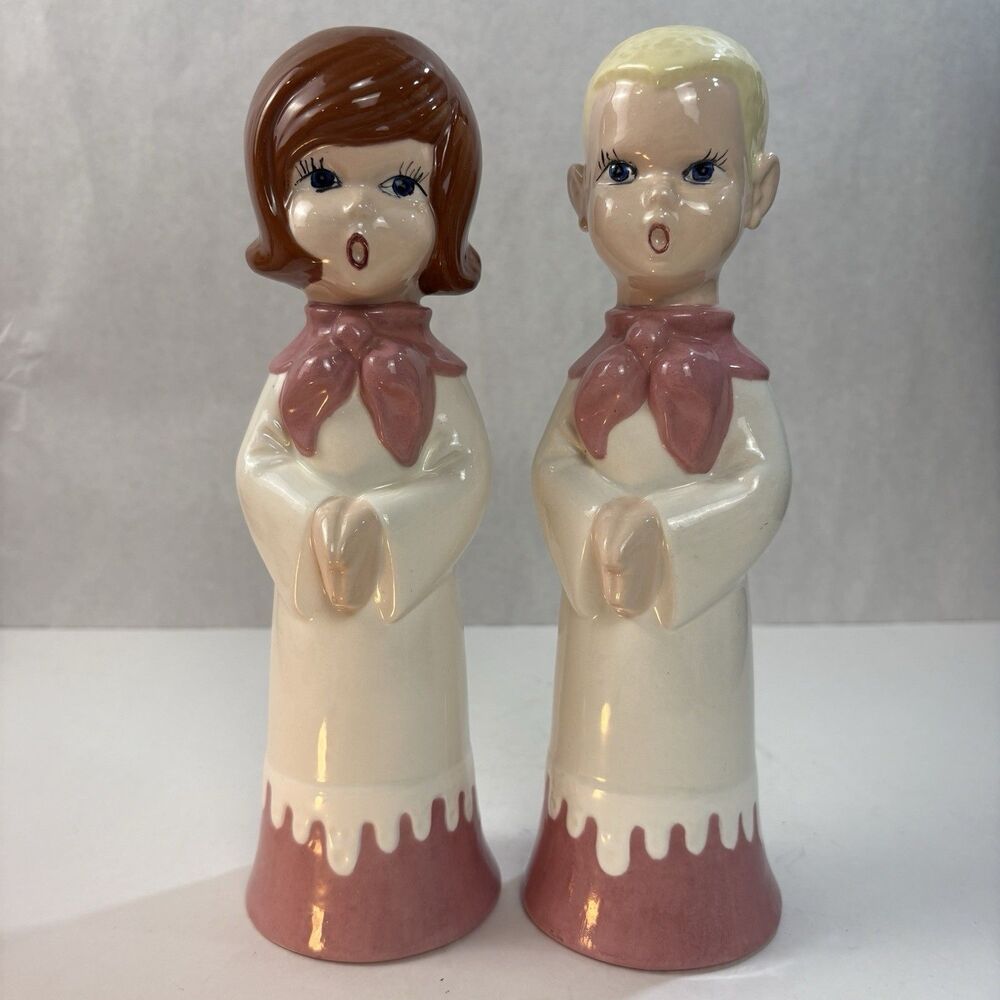 Vintage Bryan Mold Ceramic Carolers Set Boy & Girl Choir Singers Pink 10.5